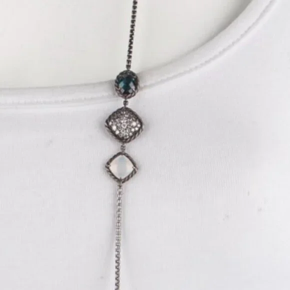 DAVID YURMAN STERLING SILVER TOPAZ, CHALCEDONY & DIAMOND 0.46 STATION NECKLACE - Picture 2 of 9